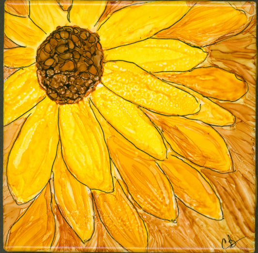 Black-Eyed Susan Close-Up — Original Alcohol Ink Painting on 4x4 Ceramic Tile