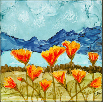 California Poppies & Beach Landscape — Original Alcohol Ink Painting on 4x4 Ceramic Tile